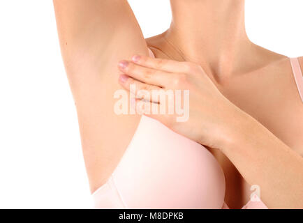 Girl armpit shave, epilation or depilation, holding razor ...