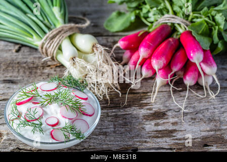Dietary cottage cheese with radish, summer diet concept Stock Photo