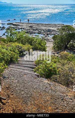 Pathway to the sea with steps of small pebbles and wood among the bushes Stock Photo