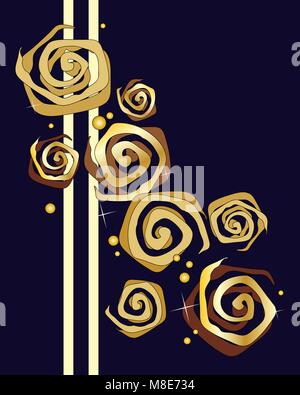 a vector illustration in eps 10 format of a greeting card design with stylized golden roses and decoration on a dark blue background Stock Vector