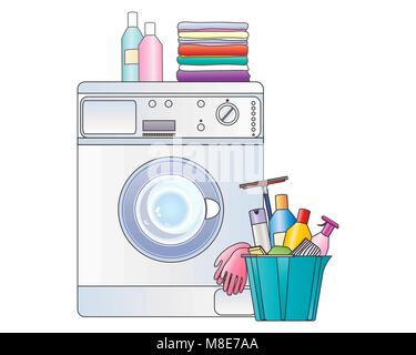 a vector illustration in eps 10 format of household items including washing machine laundry and spring cleaning bucket on a white background Stock Vector