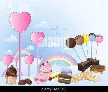 a vector illustration in eps 10 format of a fantasy land of confectionery with hearts rainbows and clouds with a selection of sweet treats Stock Vector