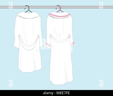 a vector illustration in eps format of two white bath robes on clothes hangers in a bathroom with space for text Stock Vector