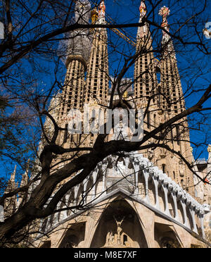 Sagrada Familia, Barcelona is a massive unfinished church, designed by Antoni Gaudi, in central Barcelona. The building was started in 1882, but when  Stock Photo