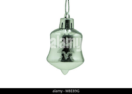 Silver Christmas New Year ball for Christmas tree decoration, pine tree, balls, bells, cones, isolated on white Stock Photo