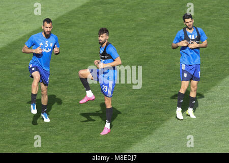 Tehran, Iran. 16th March, 2018. 16 March 2018. Iran National Football Team training session, a day before the exhibition Firndly match Sierra Leone national team in Azadi Stadium ROzbeh cheshmi(5),Ramin Rezaeian(23),Ali kArimi (14) Credit: Saeid Zareian/Alamy Live News Stock Photo