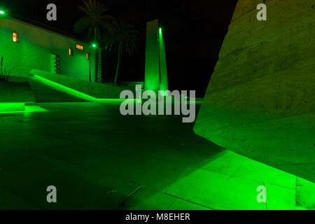 Plaza de Espana, Adeje, Tenerife, 16 March 2018. The plaza in the old town is floodlit in green to celebrate Saint Patricks day and to join the world wide wave of greening of buildings and monuments. Stock Photo