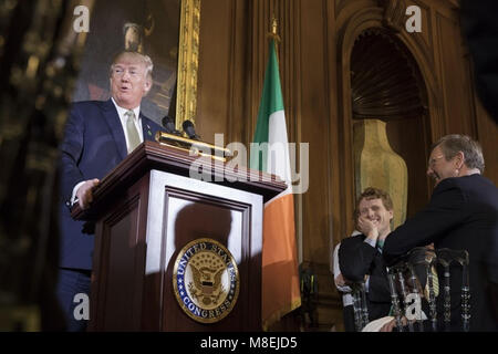 WASHINGTON, DC - WEEK OF MARCH 12- 16: President Donald J. Trump delivers remarks at the friends of Ireland luncheon, joined by Irish Prime Minister Leo Varadkar, at the U.S. Capitol, Thursday, March 15, 2018, in Washington, D.C.    People:  President Donald Trump Stock Photo