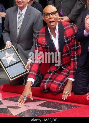 Los Angeles, USA. 16th Mar, 2018. RuPaul attends a star honoring ceremony on the Hollywood Walk of Fame in Los Angeles, the United States, on March 16, 2018. Rupaul was honored with a star on the Hollywood Walk of Fame on Friday. Credit: Zhao Hanrong/Xinhua/Alamy Live News Stock Photo