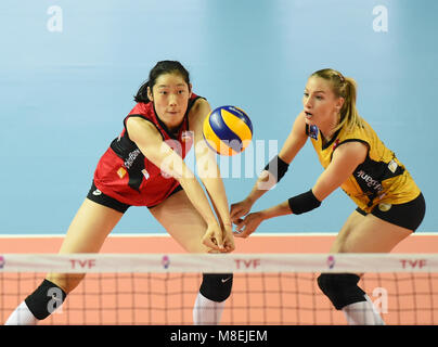 Istanbul, Turkey. 16th Mar, 2018. Vakifbank player Zhu Ting (L) saves the ball during the 2017-2018 Turkish Women Volleyball League Playoffs Semi-final first leg match between Galatasaray and Vakifbank in Istanbul, Turkey, on March 16, 2018. Vakifbank won 3-0. Credit: He Canling/Xinhua/Alamy Live News Stock Photo