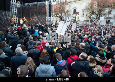 BRATISLAVA, SLOVAKIA - MAR 16, 2018: actor Juraj Kemka speaks to people during an anti-government demonstration demanding a change in government in Bratislava, Slovakia Credit: Lubos Paukeje/Alamy Live News Stock Photo