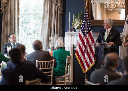 U.S Vice President Mike Pence, right, speaks during a St. Patricks Day breakfast with Irish Taoiseach Leo Varadkar, left, at the Naval Observatory March 16, 2018 in Washington, DC. Stock Photo