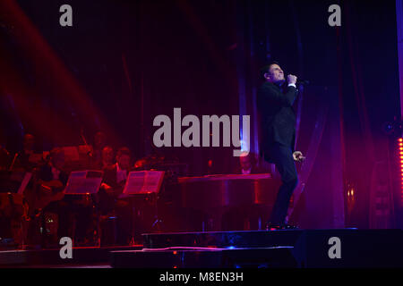 Naples, Italy. 16th Mar, 2018. Sal Da Vinci, Italian singer and actor performs live with his show 'Sinfonie in Sal maggiore' at Teatro Augusteo in Naples. Stock Photo