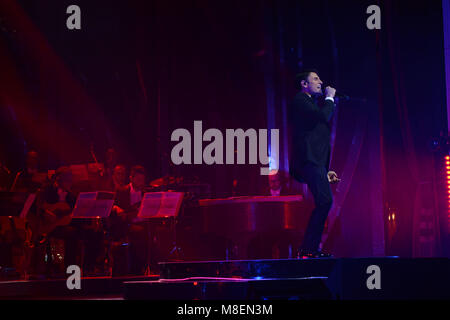 Naples, Italy. 16th Mar, 2018. Sal Da Vinci, Italian singer and actor performs live with his show 'Sinfonie in Sal maggiore' at Teatro Augusteo in Naples. Stock Photo
