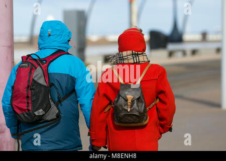 Blackpool Lancashire. Weather. 17th March, 2018. Weather.  Bitterly cold winds on the west coast with temperatures at or near zero as the 'Blast from the East 2' arrives in the seaside resort. Credit; MediaWorldImages/AlamyLiveNews. Stock Photo