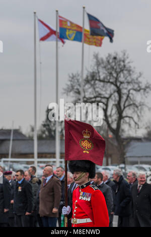 London, UK, 17 Mar 2018. Th eparade markers - The Duke of Cambridge, Colonel of the Irish Guards, accompanied by The Duchess of Cambridge, visited the 1st Battalion Irish Guards at their St. Patrick's Day Parade. 350 soldiers marched onto the Parade Square at Cavalry Barracks led by their mascot, the Irish Wolfhound Domhnall. Stock Photo