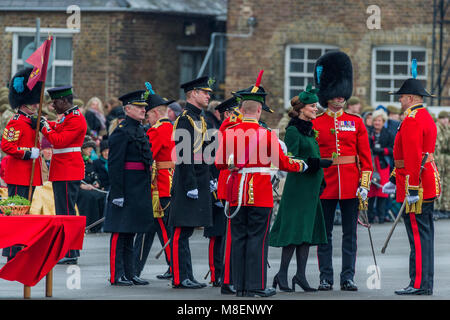 London, UK, 17 Mar 2018. Officers receive their shamrocks individually as a warrant officer attatches one to a marlker in the background - The Duke of Cambridge, Colonel of the Irish Guards, accompanied by The Duchess of Cambridge, visited the 1st Battalion Irish Guards at their St. Patrick's Day Parade. 350 soldiers marched onto the Parade Square at Cavalry Barracks led by their mascot, the Irish Wolfhound Domhnall. Her Royal Highness presented the shamrock to Officers and Warrant Officers, who in turn issued it along the ranks. The parade concluded with a march-past during which His Royal Hi Stock Photo