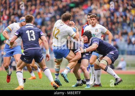 Rome, Italy. 17th February 2018. Italy's centre Tommaso Castello tries to keep the ball in the match against Scotland in NatWest 6Nations Championship 2018 Massimiliano Carnabuci/Alamy Live News Stock Photo