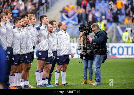 Rome, Italy. 17th February 2018. Scotland's team sings the national anthem 'flower of Scotland' in the match against Italy in NatWest 6Nations Championship 2018 Massimiliano Carnabuci/Alamy Live News Stock Photo