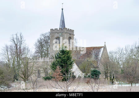 South Cambridgeshire, UK. 17th March 2018. Light dusting of snow at Whittlesford church in the East of England Stock Photo