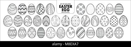 Set of isolated Easter eggs in 35 styles. Cute hand drawn vector illustration in black outline and white plane on white background. Stock Vector