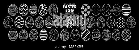 Set of isolated Easter eggs in 35 styles. Cute hand drawn vector illustration only white outline on black background. Stock Vector