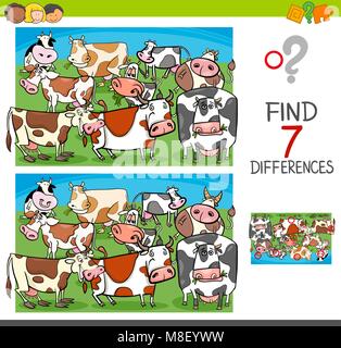 Cartoon Illustration of Finding Seven Differences Between Pictures Educational Activity Game for Kids with Cows Farm Animal Characters Group Stock Vector
