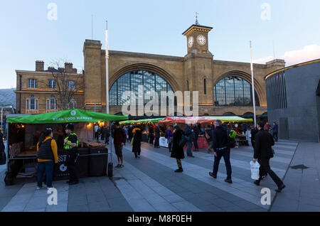 LONDON, UK - MARCH 7, 2018: General view of the Real Food Market outside King's Cross Railway station. The open air market is located in King's Cross  Stock Photo