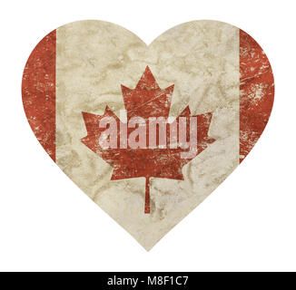 Heart shaped old grunge vintage dirty faded shabby distressed Canadian Canada flag with red maple leaf isolated on white background Stock Photo