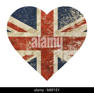Heart shaped old grunge vintage dirty faded shabby distressed UK Great Britain national flag isolated on white background Stock Photo