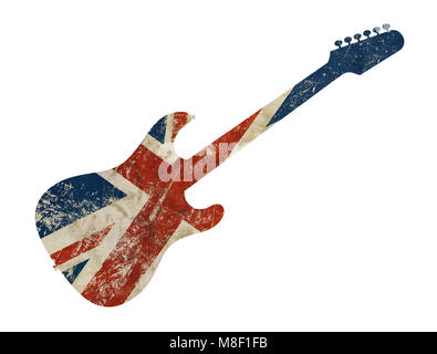 One guitar shaped old grunge vintage dirty faded shabby distressed UK Great Britain national flag isolated on white background Stock Photo