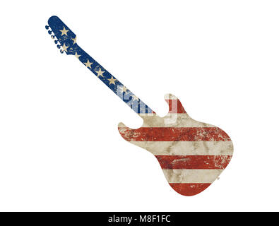 One guitar shaped old grunge vintage dirty faded shabby distressed American US national flag isolated on white background Stock Photo