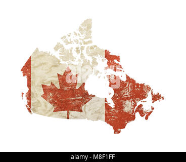 Canada map shaped old grunge vintage dirty faded shabby distressed Canadian flag with red maple leaf isolated on white background Stock Photo