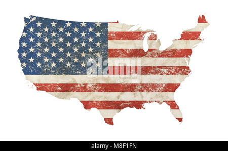 US map shaped old grunge vintage dirty faded shabby distressed American national flag isolated on white background Stock Photo