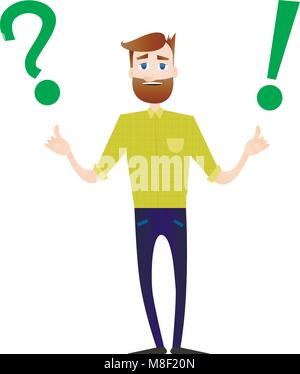 Vector illustration of cartoon businessman with big question mark and exclamation point making a choice Stock Vector