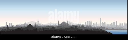 Istanbul city skyline. Travel Turkey background. Urban panoramic view. Cityscape with famous building silhouette Stock Vector
