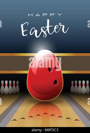 Happy Easter. Sports greeting card. A realistic Easter egg in the shape of a bowling ball. Vector illustration. Stock Vector