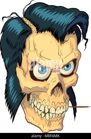 Vector cartoon clip art illustration of a tough mean human skull mascot head with blue eyes, a toothpick, and a hipster or greaser hair style Stock Vector