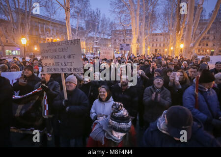 ZAGREB, CROATIA - 3rd MARCH, 2018 : Protesters with boards protest against the financial enforcement law that is terrorizing financially blocked peopl Stock Photo