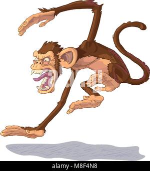 Vector cartoon clip art illustration side view of an angry chimpanzee monkey mascot jumping and yelling or screaming. Lines and colors on separate lay Stock Vector