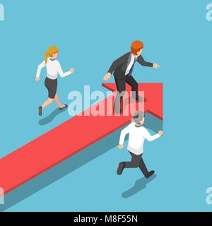 Flat 3d isometric businessman standing on red arrow at leader position. business success and leadership concept. Stock Vector