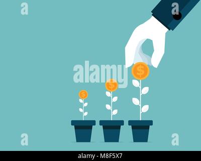 illustration of human hand take money coins from growth tree flat design Stock Vector