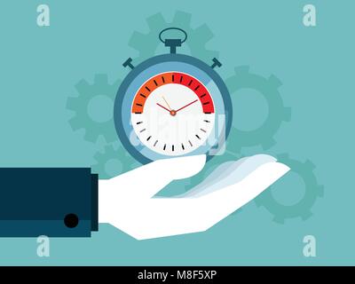 illustration of human hand holding stopwatch and cog gear wheels background, time management concept Stock Vector