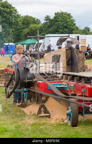 A demonstration of a saw bench driven by a traction engine at the 2017 Norton Fitzwarren Steam Rally, Somerset, England, UK Stock Photo