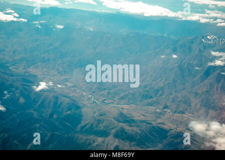Beautiful landscape  views from an airplane window during depart at New Zealand's South Island Stock Photo