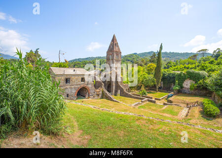 RAPALLO, ITALY JULY, 12, 2017 - Ancient abbey in ruins, the monastery of Santa Maria in Valle Christi situated in Valle Christi, in Rapallo, Genoa (Ge Stock Photo