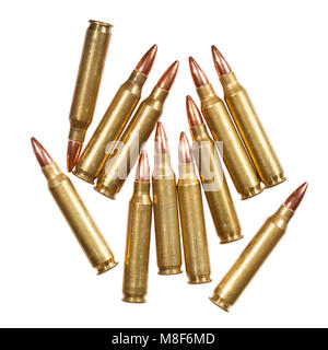 5.56x45mm NATO intermediate cartridges isolated on white. Stock Photo