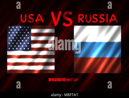 USA VS Russia conflict. Square flags on dark red background. Cold war illustration Stock Vector
