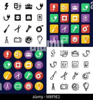 Electrician All in One Icons Black & White Color Flat Design Freehand Set Stock Vector