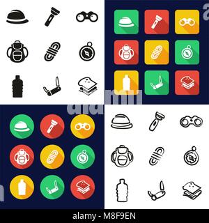Expedition All in One Icons Black & White Color Flat Design Freehand Set Stock Vector